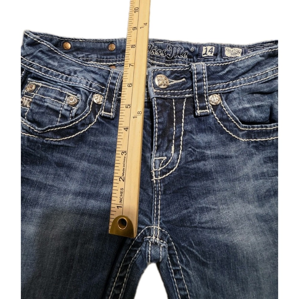 Girls Miss Me Bootcut Jeans Size 14 Medium Wash Thick Stitch Embellished 24x28.5 - Picture 9 of 11